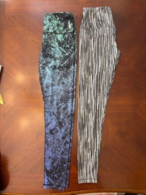 RBX Women's Leggings - Black with Blue & Teal Tie-Dye; Gray Stripe Pair